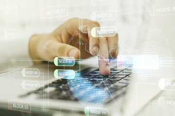 Poster - Abstract creative coding illustration with world map and hands typing on laptop on background, international software development concept. Multiexposure