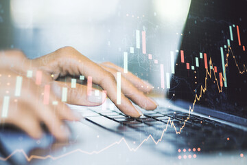Poster - Multi exposure of abstract creative financial graph with world map and hand typing on laptop on background, forex and investment concept