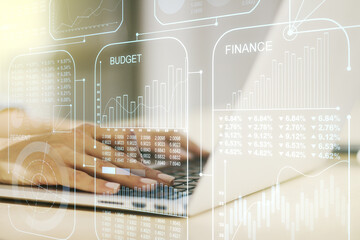 Poster - Double exposure of abstract creative statistics data hologram with hands typing on laptop on background, analytics and forecasting concept