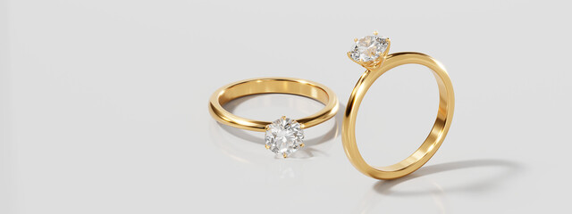 Poster - Gold Two Diamond ring isolated on white background, 3d rendering.