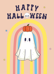 Wall Mural - Fun Halloween card with cute ghost. Vector graphics.