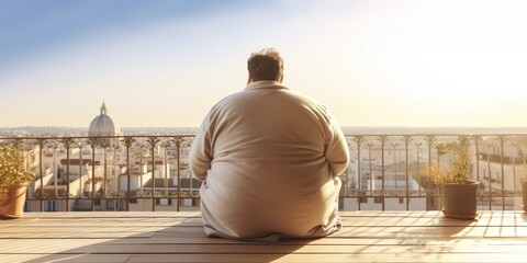 Rear view of obese man sits on balcony, concept of Body mass index, created with Generative AI technology