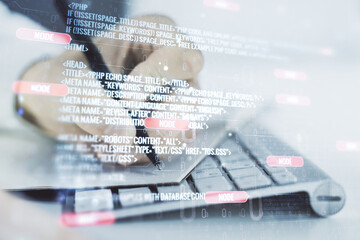 Poster - Double exposure of abstract programming language with hand writing in notebook on background with laptop, research and development concept