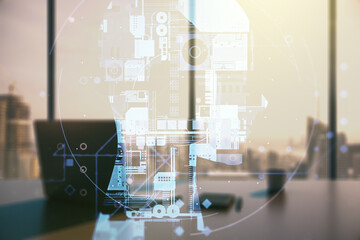 Poster - Double exposure of creative human head microcircuit and modern desk with computer on background. Future technology and AI concept