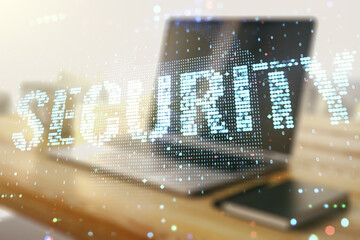 Aufkleber - Cyber security creative concept and modern desktop with computer on background. Double exposure