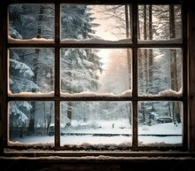 View Through The Window Of A Cottage Into A Snow-covered Winter Forest. Created With Generative AI Technology.