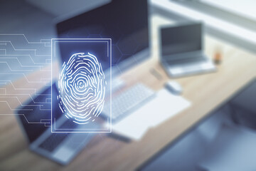 Aufkleber - Multi exposure of abstract fingerprint scan interface and modern desk with computer on background, digital access concept