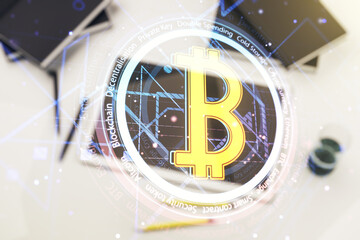 Aufkleber - Double exposure of creative Bitcoin symbol hologram and modern digital tablet on background. Mining and blockchain concept