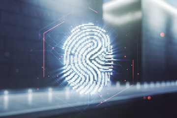 Aufkleber - Double exposure of virtual creative fingerprint hologram on modern business center exterior background, research and development concept