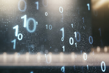 Aufkleber - Abstract virtual binary code sketch on contemporary business center exterior background, hacking and matrix concept. Multiexposure