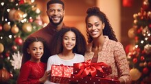 Portrait Black Happy Family With Christmas Outfit Holding Red Gift Box With A Defocused Christmas Tree Background