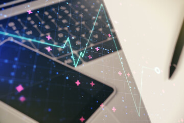 Poster - Creative abstract heart pulse hologram on modern computer background, online medical consulting concept. Multiexposure