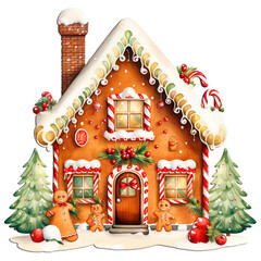 Watercolor Gingerbread House Christmas Cookie Clipart isolated on Transparent Background.