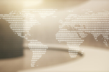 Poster - Double exposure of abstract digital world map hologram on empty room interior background, big data and blockchain concept