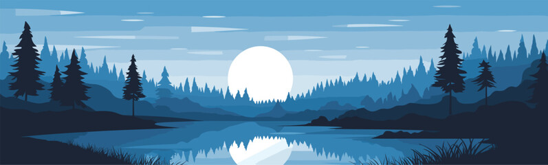 tranquil moonlit lake vector simple 3d smooth cut isolated illustration
