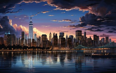 Cityscape painting Manhattan skyline.