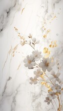 Wedding Background Composed Of White Flowers And Gold Stems And Leaves On A White Marble And Granite Texture. Bridal Card, Celebrate Design, Fashion, Exclusive Event. Generative AI. 