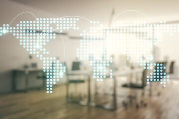 Poster - Double exposure of abstract digital world map hologram with connections on a modern furnished office interior background, big data and blockchain concept