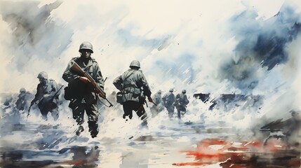 Wall Mural - World war II battle scene illustration. AI Generative Art.
