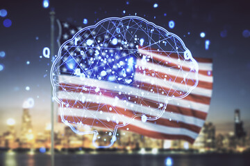 Poster - Double exposure of creative artificial Intelligence interface on USA flag and blurry skyscrapers background. Neural networks and machine learning concept