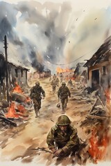 Canvas Print - World war II battle scene illustration. AI Generative Art.