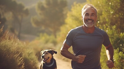 man with dog.run in the moring. forest background. friendship and travel togather. generativeAI.