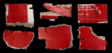 Set Of Ripped Red Cardboard Pieces Isolated On Black Background
