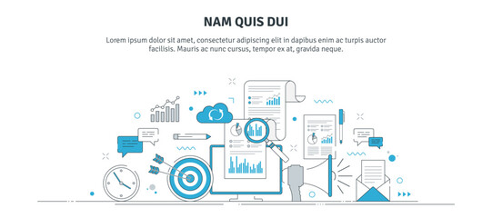 Poster - Vector illustration of analysis stock market data and planning investment strategy, financial graphs, charts and diagrams. Marketing data analysis, business strategy and goals. Thin line icons design.