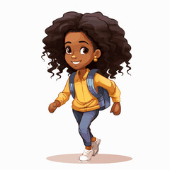 Canvas Print - simple cartoon clipart black african american girl student child going to school white background