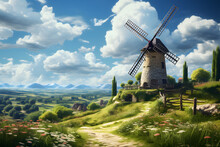 Old Windmill Located In A Beautiful Magical Meadow Landscape On A Spectacular Day. Colorful And Lively Landscape