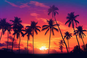 Wall Mural - The calm of tropical sunset silhouettes coconut palm trees, invoking dreams of paradise and peaceful evenings by the beach
