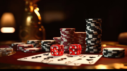 Wall Mural - Dice with cards and chips on the desk in the casino