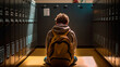 © REC Stock Footage - Student discrimination sitting by locker against school corridor. Generative AI