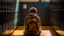 Student Discrimination Sitting By Locker Against School Corridor. Generative AI