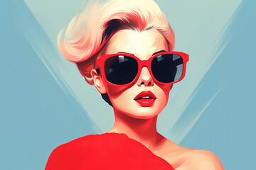 Wall Mural - Beaut, fashion and style concept. Retro style fashion woman wearing trendy sunglasses portrait illustration. Illustrative minimalistic design. Pin up girl fashion style. Generative AI