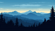 Blue Landscape Background Banner Panorama Illustration Vector Drawing - View With Black Silhouette Of Mountains, Hills, Forest Trees Firs And Woman Sitting On Rock, Generative Ai