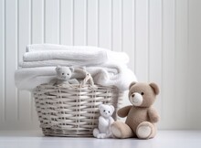 A Basket Of White Laundry, A Teddy Bunny Toy, A Bottle Of Liquid Detergent, Washing Gel Or Fabric Softener. Mockup For Washing Baby Clothes With Copy Space. Created With Generative AI Technology