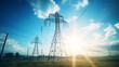 Electricity background - Voltage power lines / high voltage electric transmission tower with blue sky and shining sun, Generative Ai