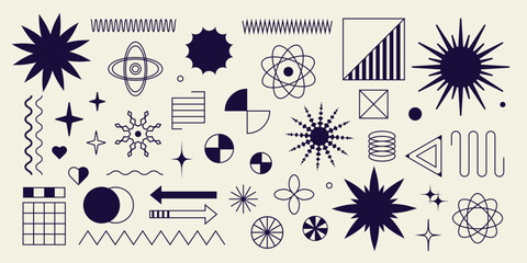 Poster - Set of retro geometric shapes, memphis forms, geometric emblems with primitive forms, y2k shapes, brutal design elements.