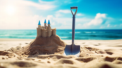 Wall Mural - Landscape summer vacation holiday travel ocean sea background panorama - Close up of sand castle and sand shovel on the beach, sunshine, Generative Ai