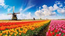 Panorama Of Landscape With Blooming Colorful Tulip Field, Traditional Dutch Windmill And Blue Cloudy Sky In Netherlands Holland , Europe - Tulips Flowers Background Panoramic Banner, Generative Ai