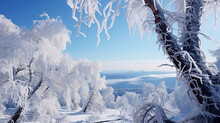 Stunning Panorama Of Snowy Landscape In Winter In Black Forest - Snow Winter Wonderland Snowscape With Blue Sky, Close-up Of Frozen Tree Branch With Icicle , Generative Ai