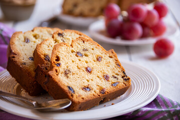 Sweet fruit cake with raisins, delicious baked dessert