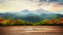 Empty Wooden Board Or Table Background With Copy Space. Mountains View. Generative AI