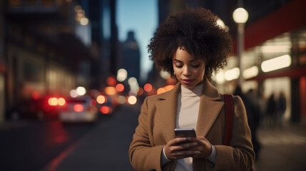 Wall Mural - Modern African American woman navigating the urban jungle with her smartphone, effortlessly staying connected. AI generated