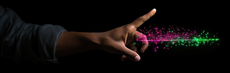Poster - Abstract hand with neon graphic line. Futuristic cyberpunk colored web concept with copy space.