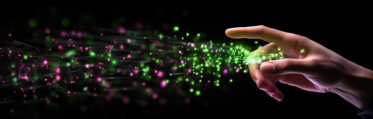 Poster - Abstract hand with neon graphic line. Futuristic cyberpunk colored web concept with copy space.