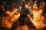 Karate Fury Unleashed. Striking Action in White Kimono Amid Flames. Karate Practitioner Showcases Skill. Powerful Karate Performance