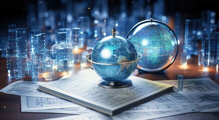 Poster - futuristic globes of digital economy or metaverse with glowing particles around. Digital innovation and technology concepts.