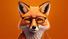 Stylish Portrait Of Dressed Up Imposing Anthropomorphic Handsome Fox Wearing Glasses And Suit On Vibrant Orange Background With Copy Space. Funny Pop Art Illustration Ai Generated Image